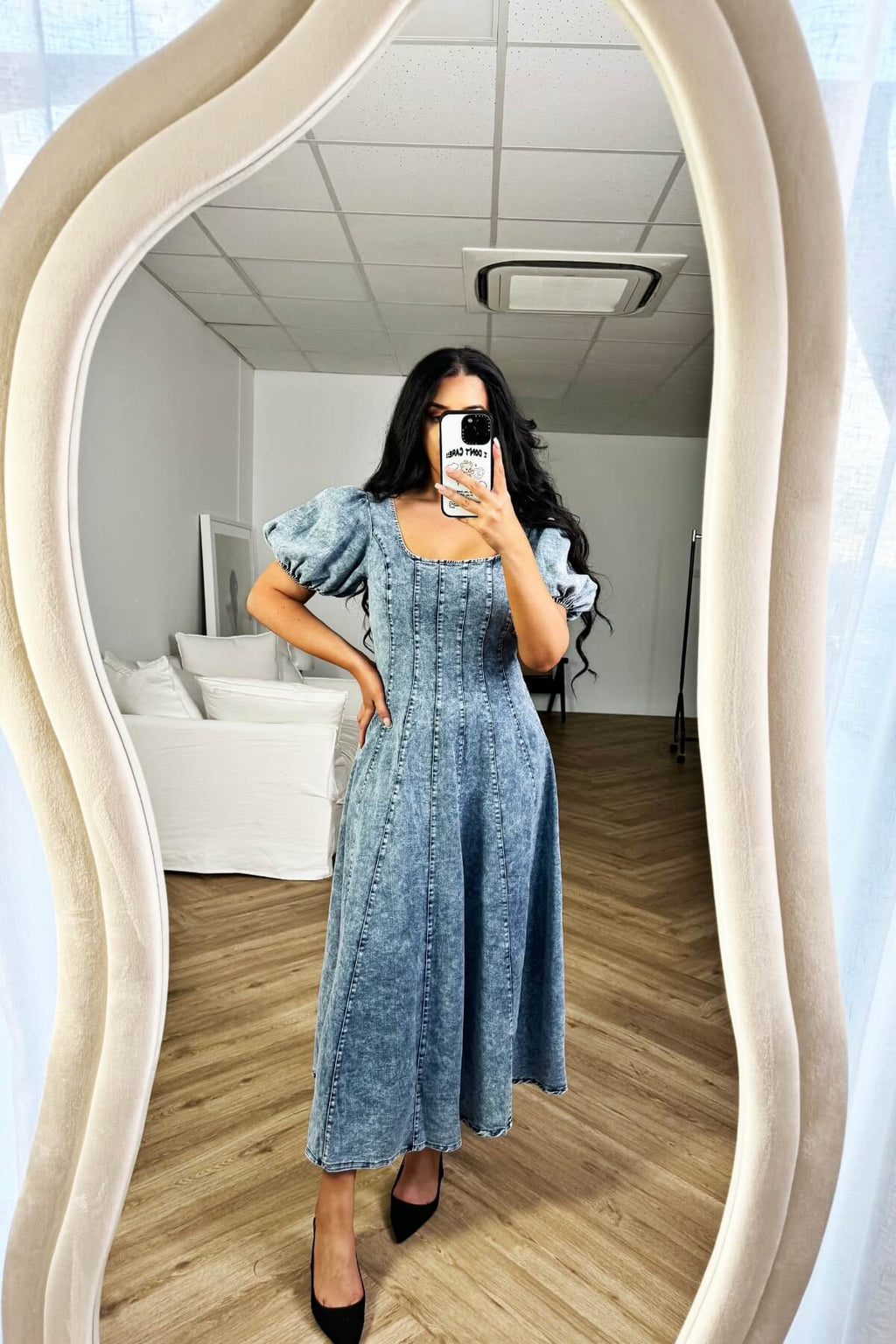 Lloyd Dress Scoop Neck Puff Sleeve Midi Denim