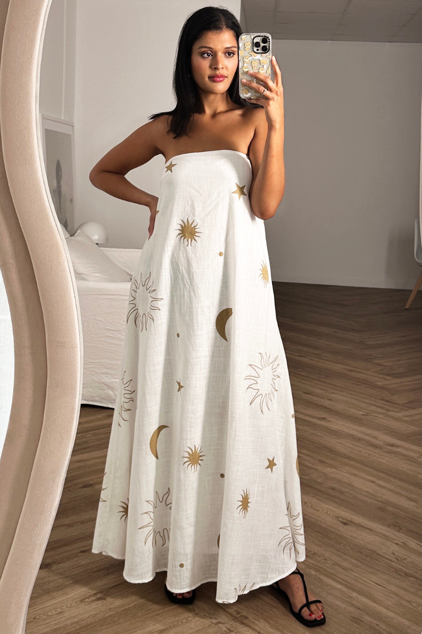 chinese dress ladies Neck Strapless Chiffon Pleated Loose Off Shoulder Midi Dress – Deb Shops main image 1