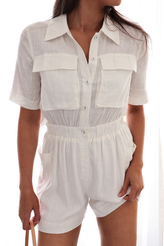 Barton Playsuit - Linen Collared Playsuit - White