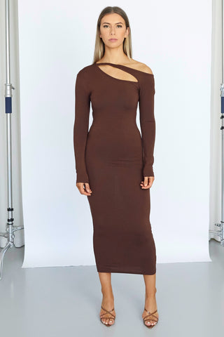 lily-dress-fitted-long-sleeve-off-one-shoulder-midi-brown