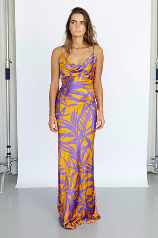 Tashi Dress - Cowl Neck Bias Cut Maxi Dress - Orange Purple