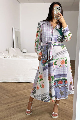 Serafina Dress - Long Sleeve Waist Tie Midi Multicolour