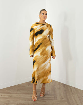 Percy Dress - Bias Cut Draped Midi Dress - Ochre