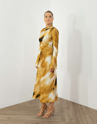 Percy Dress - Bias Cut Draped Midi Dress - Ochre