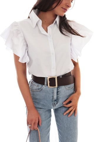 Keller Shirt - Collared Button Down Frill Sleeves - White