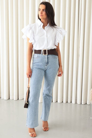 Keller Shirt - Collared Button Down Frill Sleeves - White