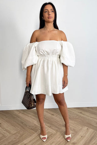 exaggerated puff shoulder dress mini white