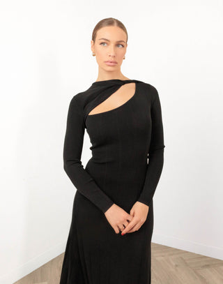 Mathew Dress - Fitted Twist Long Sleeve Midi - Black