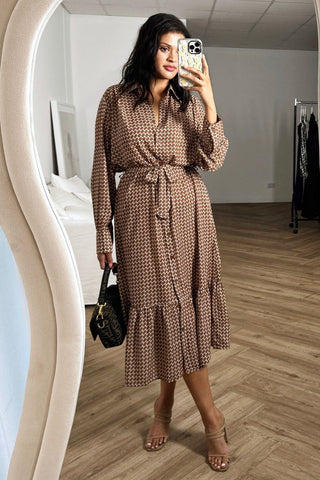 Collared Button Down Long Sleeve Midi-Brown