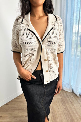 Cera Shirt - Crochet Short Sleeve Button Down - Cream