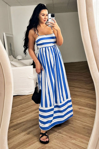 Dress - Cut Out Maxi Dress - Blue Stripe