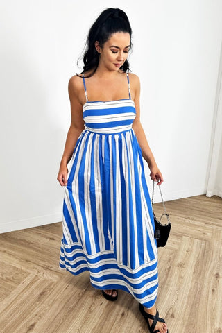 Dress - Cut Out Maxi Dress - Blue Stripe