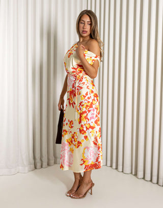 Barbara off-shoulder bias-cut dress in multi digital print