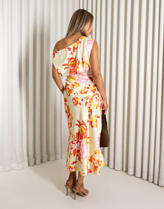 Barbara off-shoulder bias-cut dress in multi digital print