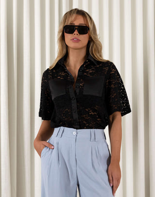 Black-relaxed-lace-shirt-with-collar-short-sleeves-and-button-front