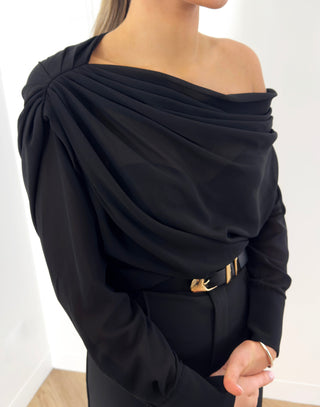 Bruce Blouse - Off Shoulder Drape Sheer Top - Black