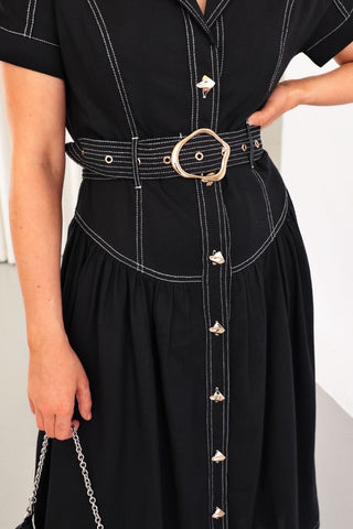 Dress - Linen Collared Button Down Short Sleeve Midi - Black 