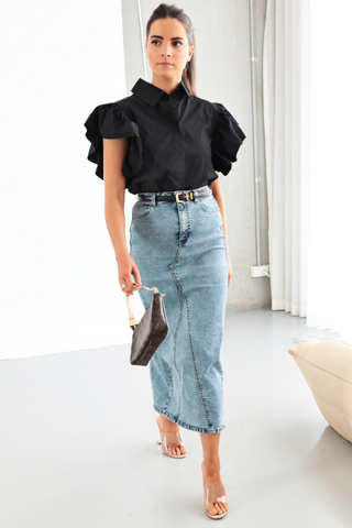 Collared-Button-Down-Frill-Sleeves-Black