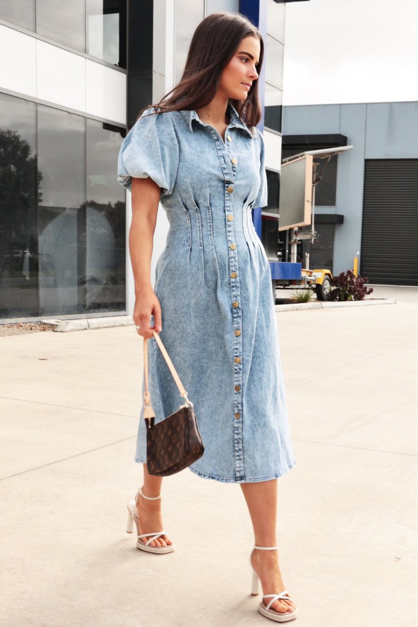 Denim midi dress with top sleeves