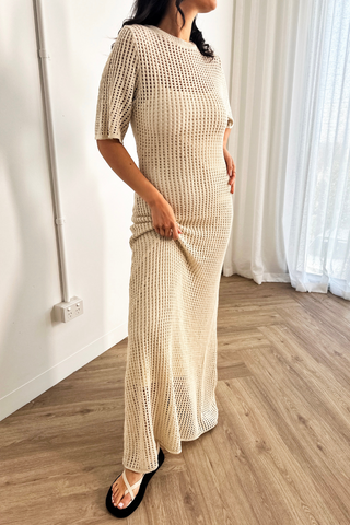 Fletcher Dress - Crochet Knit Dress With Slip Maxi- Beige