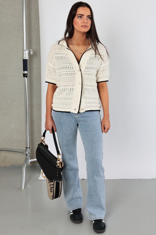 Cera Shirt - Crochet Short Sleeve Button Down - Cream