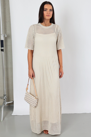 Fletcher Dress - Crochet Knit Dress With Slip Maxi- Beige