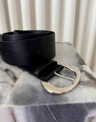 Black wide belt with round silver buckle
