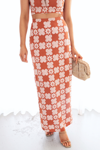 Goodwin Skirt - High Waist Linen Midi Skirt - Terracotta Print
