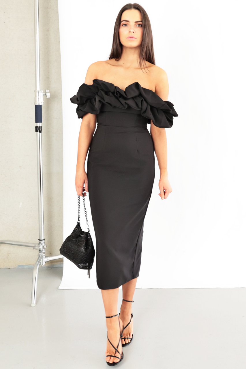 Kate Dress Off The Shoulder Frill Fitted Midi Black MVE BOUTIQUE