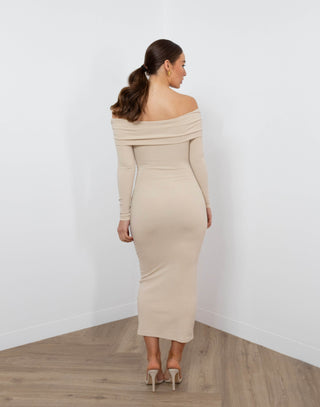 Ryder Dress - Off Shoulder Fitted Long Sleeve Midi - Beige