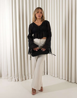 Black sheer relaxed top with flared tie sleeves and tie-front
