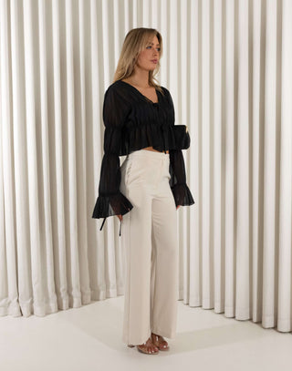 Black sheer relaxed top with flared tie sleeves and tie-front