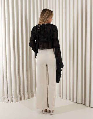 Black sheer relaxed top with flared tie sleeves and tie-front