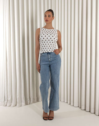 Brown and white polka dot fitted shirred sleeveless top