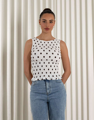 Brown and white polka dot fitted shirred sleeveless top