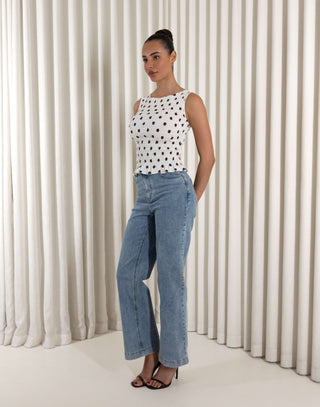 Brown and white polka dot fitted shirred sleeveless top