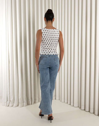 Brown and white polka dot fitted shirred sleeveless top