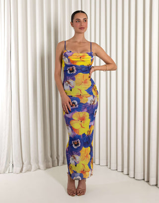 Floral mesh cowl neck fitted maxi dress with adjustable straps