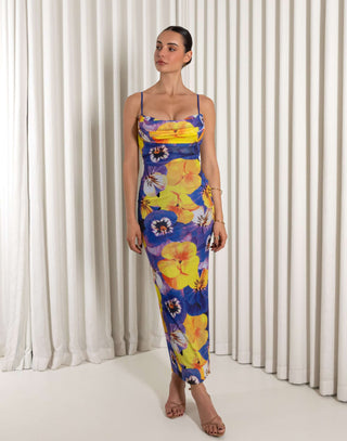 Floral mesh cowl neck fitted maxi dress with adjustable straps