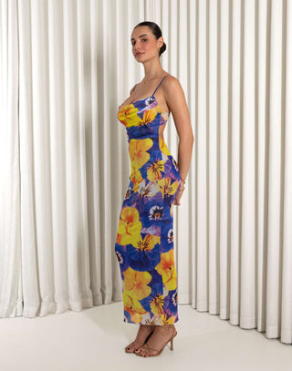 Floral mesh cowl neck fitted maxi dress with adjustable straps