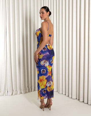 Floral mesh cowl neck fitted maxi dress with adjustable straps