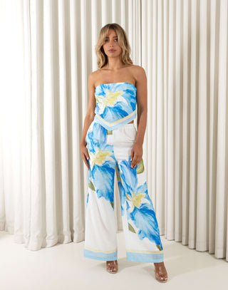 Blue floral strapless top with matching wide leg pants, lined