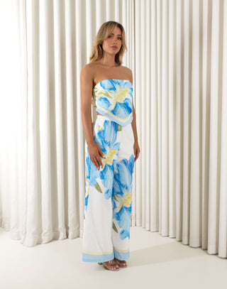 Blue floral strapless top with matching wide leg pants, lined
