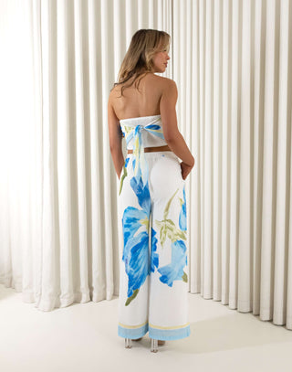 Blue floral strapless top with matching wide leg pants, lined