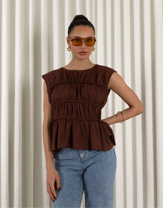 Brown linen-blend relaxed sleeveless top with gathered detailing