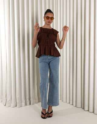 Brown linen-blend relaxed sleeveless top with gathered detailing