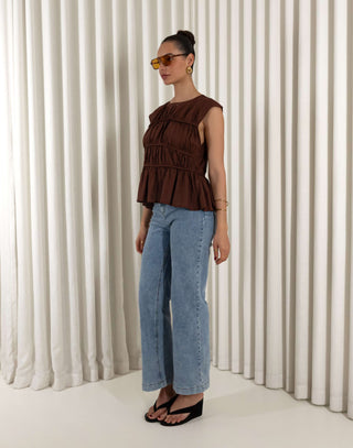 Brown linen-blend relaxed sleeveless top with gathered detailing
