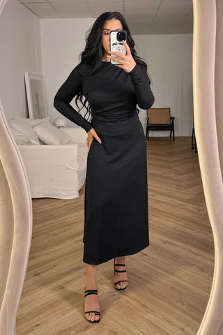 Brenda Dress - A Line Long Sleeve Midi - Black