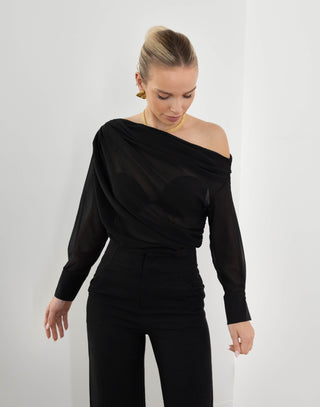 Bruce Blouse - Off Shoulder Drape Sheer Top - Black