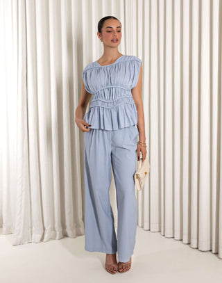 Blue linen blend sleeveless top with gathered detailing, relaxed fit